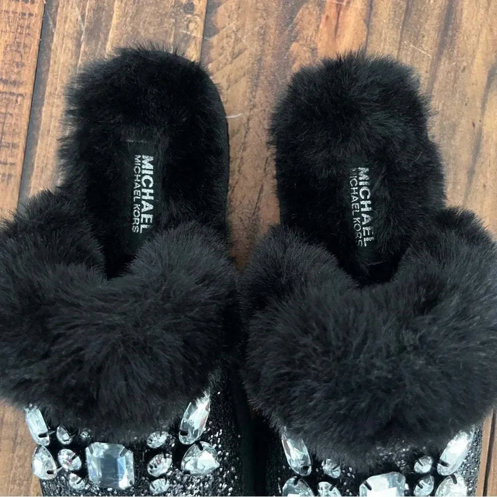MICHAEL KORS Taj Slipper Embellished Glitter and Faux Fur Slide Sandal Size 6.
